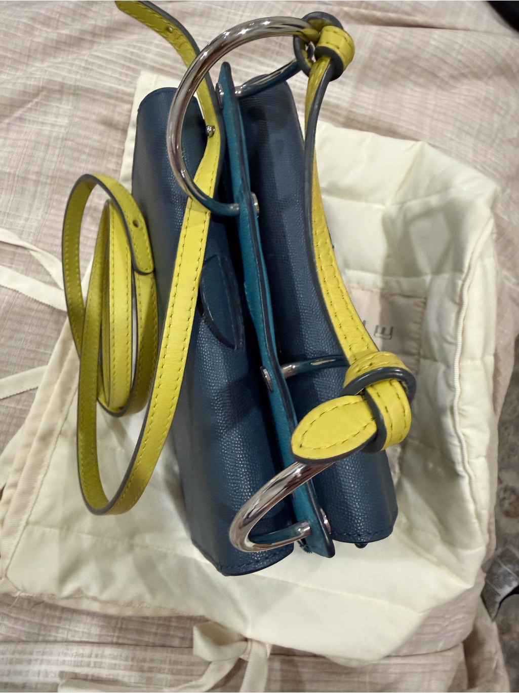 Danse Lente Blue Leather Top-Handle Bag With Marble Accent & Yellow Strap — image 3 of 4